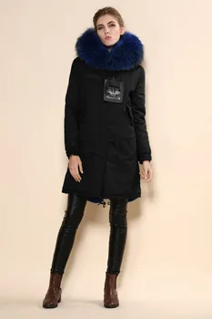 žien čierny Veľký raccoon kožušiny golier s kapucňou kabát parkas odnímateľná podšívka goliera zimná bunda značky štýl