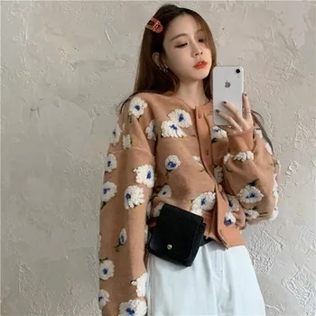 YICIYA Tlač Sladké 3D Kvetinovým Bundy Pre Ženy Zimné Oblečenie Žena 2021 Voľné Dlhý Rukáv Krátka Srsť kórejský Módne Outwear