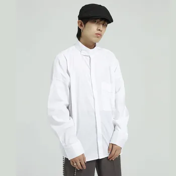 Muž Japonsko Kórea Štýl Streetwear Košele Mužov Solid Farba Biela Čierna Stojan Golier Bežné Dlhý Rukáv Košele