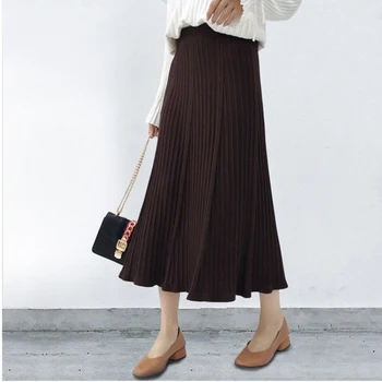 Plus Veľkosť Vintage Jeseň Dlhé Pletené Sukne Ženy Elegantné Vysoký Pás Mäkké Srůsty Skladaný Sukne Všetkých Zápas Maxi Faldas Mujer Saia