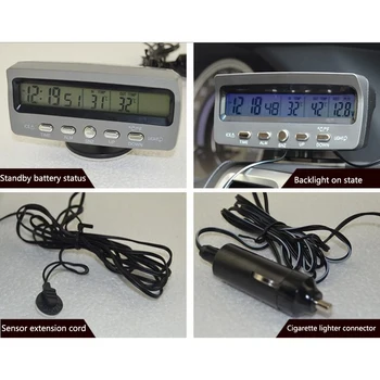 12VLED auto teplomer interné a externé monitorovanie hodiny 12h24h voltmeter -50-70 stupňov Celzia, alarm záložnej batérie