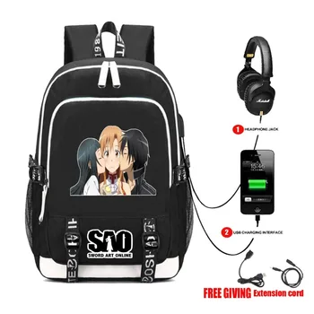 Nabíjanie pomocou pripojenia USB konektor pre Slúchadlá teenagerov cestovná taška na Notebook, taška cez rameno študent knihy batoh pre anime Sword Art Online Batoh