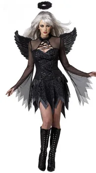 Black white Diabol Padlý Anjel Kostým pre Dospelých Halloween Kostýmy pre Ženy maškarný pokrývku hlavy krídla Gotický sexy Kostým