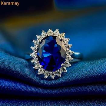 Luxusné Žena Prírodné Blue Sapphire Kamenný Kruh Reálne Pevné 925 Sterling Silver Prstene Pre Ženy Veľké Oválne Zásnubný Prsteň