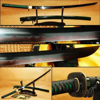 Japonský samuraj meč katana Hliny Tvrdeného full tang Čierny Kotúč Červená Hamon #905