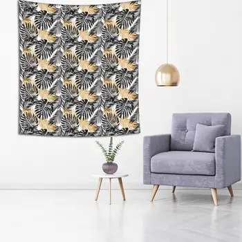 Gobelín Palmové Listy Tropické Džungle Kvetinové Módne Vzor v Čiernej a Horčica Modern Art Print