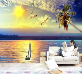 Doprava zadarmo Seagull Lietania Pláži Tapety Sunset View Gauč Pozadí Steny Foto 3D Vlastné Obývacia Izba Shufang nástenná maľba