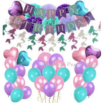 Malá Morská Víla Strana Ružová Levandule Fialová Pom Poms Birthday Banner&Balóny Svadobné Dekorácie Baby Sprcha Najprv Dievčatá Narodeniny