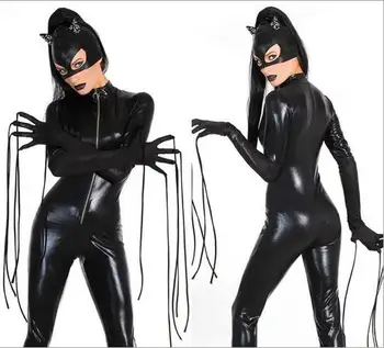 Zadarmo pp Halloween Cosplay Žien Čierny Catsuit Sexy Úsek PVC Kože Prednej Rozkroku Zips Jumpsuit Kombinézu S Maskou M, XL