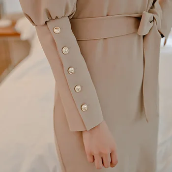 Obyčajný Farba Elegantné Kancelárske Šaty 2020 Jar Vysoký Pás Dekoratívny Pás Lístkového Rukáv Jednoduchý Mini Ceruzka Party Šaty Ženy