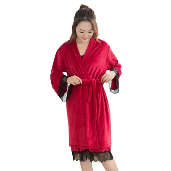 Domov pyžamo šaty flanelové nightdress ženy jeseň zima sexy long-sleeve cardigan čipky teplé jednoduché kimono nightgown župan