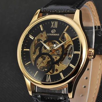 FORSINING Sledovať 2018 Nové Klasické Čierne Luxusné Kostra Mechanické Hodinky Originálne Kožené pánske náramkové hodinky Muž Obchodné Hodiny