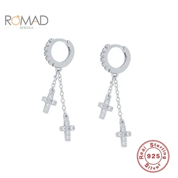 ROMAD Ženy Strapec dvojitá Reťaz Kríž Náušnice 925 Sterling Silver Kolo Micro-intarzované Zirkón Náušnice Šperky Bijoux Femme