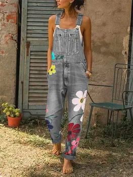 Náprsníkové Nohavice Kombinézach kvetov vytlačené modré džínsy Romper pre dámskej Módy Denim Náprsníkové Nohavice, Sexy Dlhé Remienky Trakmi 2020 nové