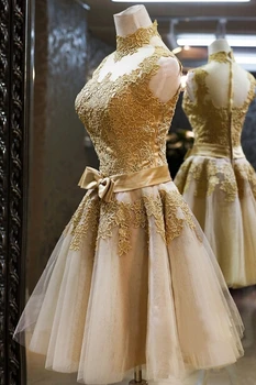 2017 Reálne Elegantné Večerné Šaty Vysoká Krku Zvláštne Príležitosti Šaty Krátke Nevesta Šaty Loptu Prom Party, Promócie Formálne Šaty