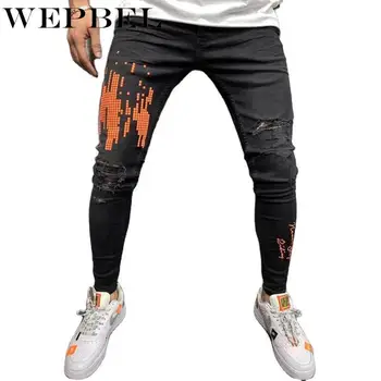 WEPBEL Street Fashion Hiphop Mužov Koleno Otvor Denim Stretch Nohavice Roztrhané Beggars Punk Jeans Nohavice