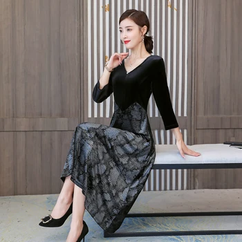 Jeseň 2020 Nové Zamatové Šaty, Šitie Ženy Čierna Vysoký Pás Slim Elegantné Šaty s Dlhým Rukávom V-neck Oblečenie