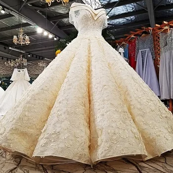 LS12580 Luxusné šampanské svadobné šaty kryštály ramenné svadobné šaty veľké opuchnuté sukne dlhý vlak svadobné šaty skutočné fotografie 2018