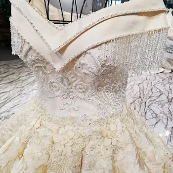 LS12580 Luxusné šampanské svadobné šaty kryštály ramenné svadobné šaty veľké opuchnuté sukne dlhý vlak svadobné šaty skutočné fotografie 2018